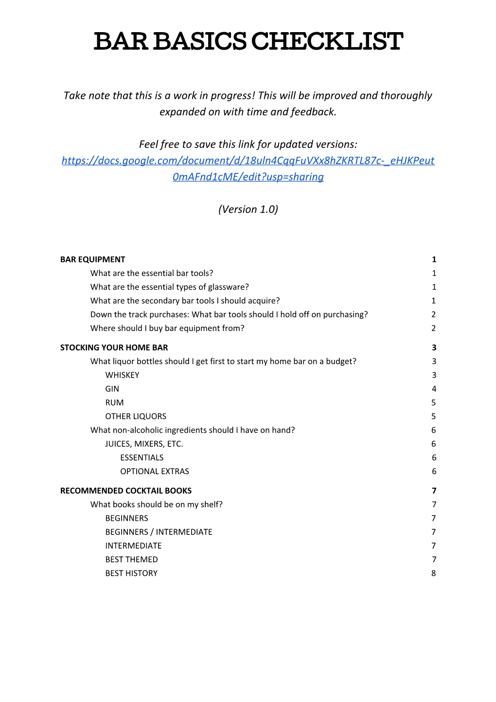 Bar Basics Checklist