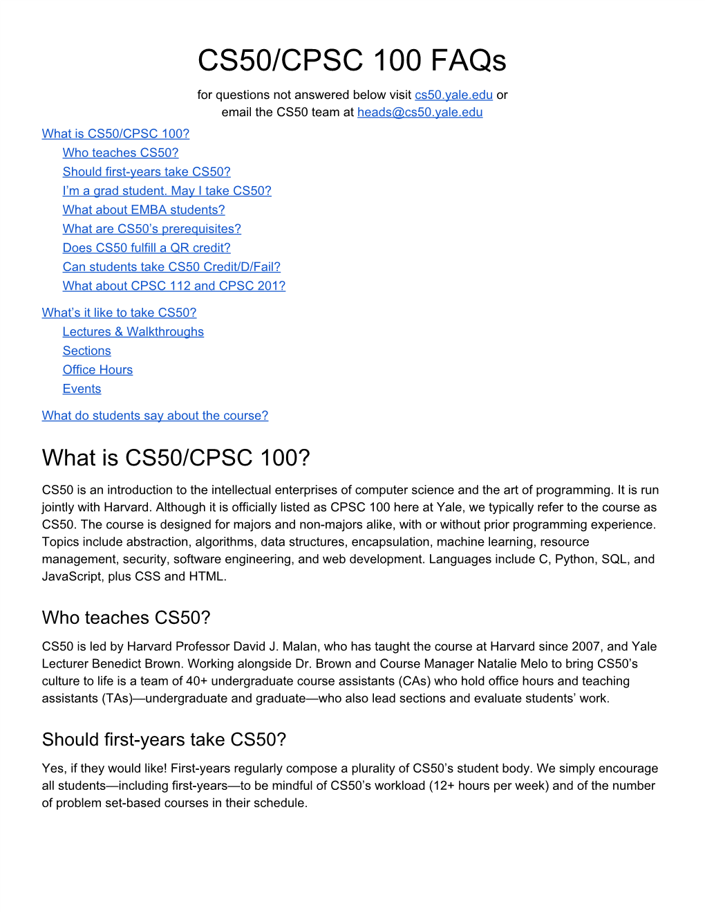 CS50/CPSC​​100​​Faqs