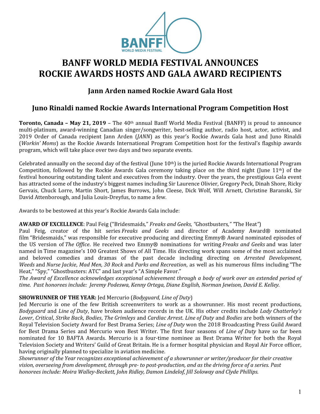 Banff World Media Festival Announces Rockie Awards Hosts and Gala Award Recipients