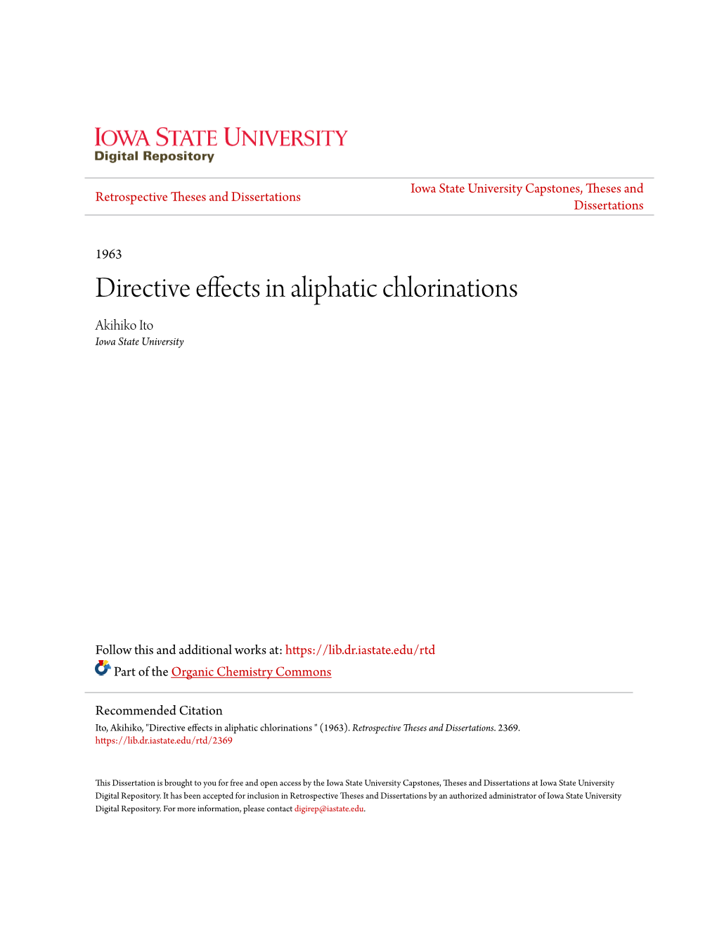 Directive Effects in Aliphatic Chlorinations Akihiko Ito Iowa State University