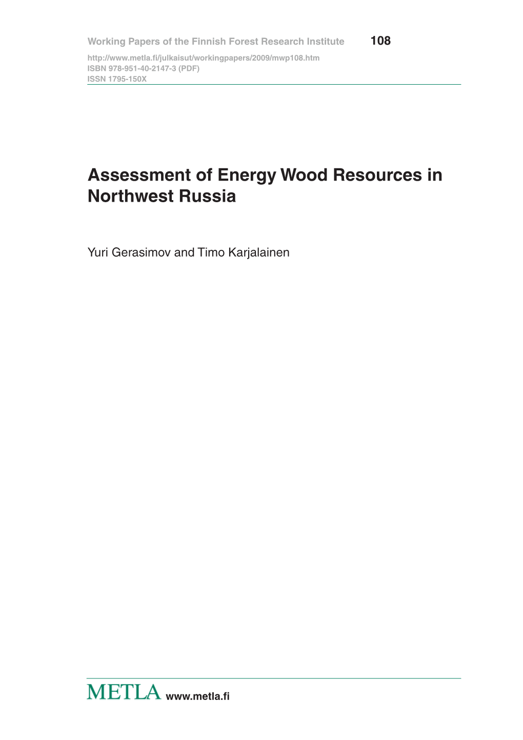 Assessment of Energy Wood Resources in Northwest Russia