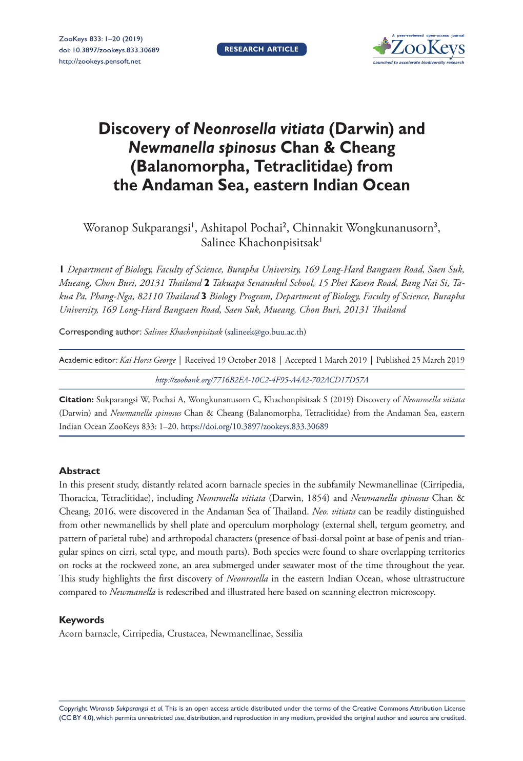 Discovery of Neonrosella Vitiata (Darwin) and Newmanella Spinosus Chan & Cheang (Balanomorpha, Tetraclitidae) from the Andaman Sea, Eastern Indian Ocean