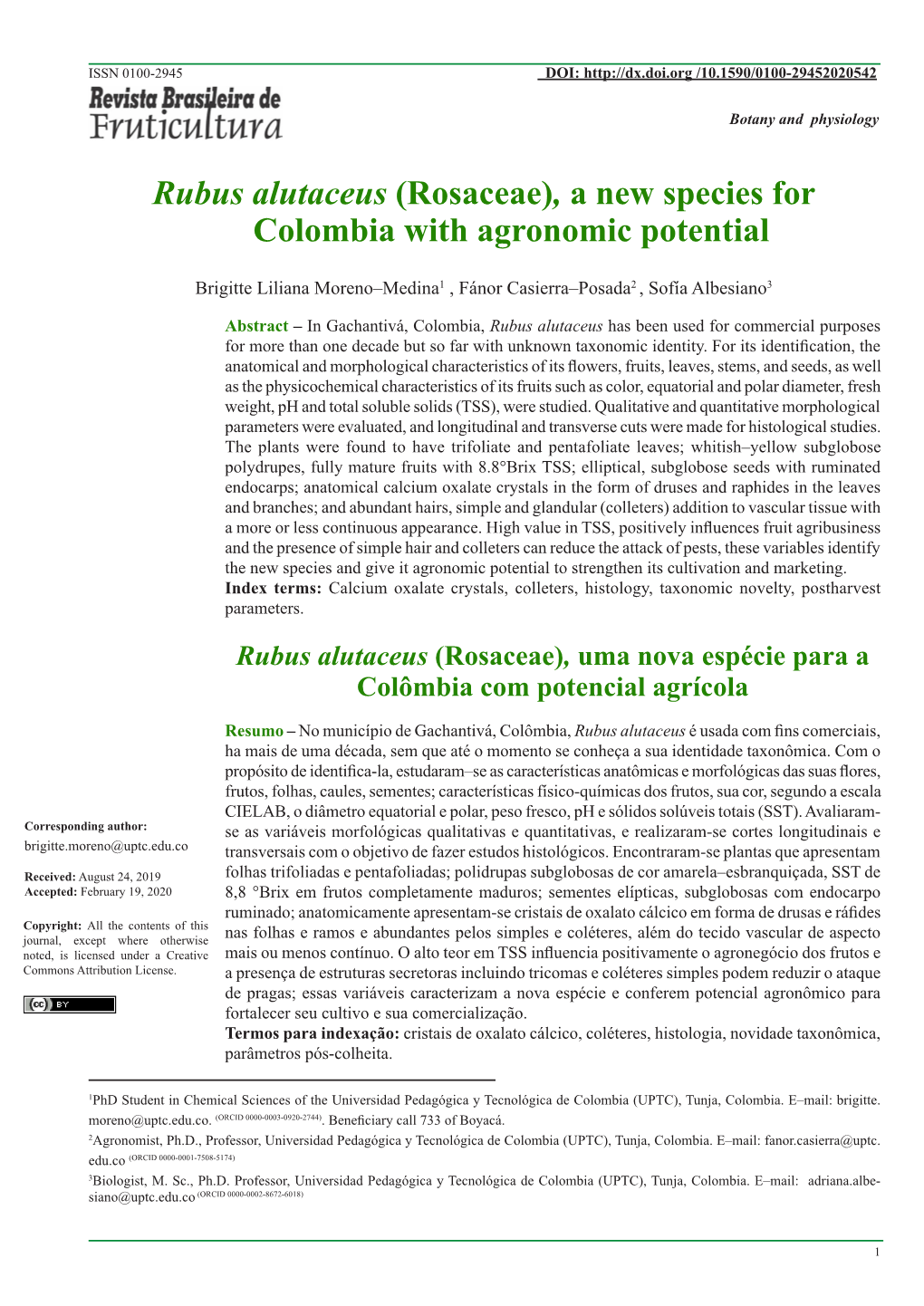 Rubus Alutaceus (Rosaceae), a New Species for Colombia with Agronomic Potential