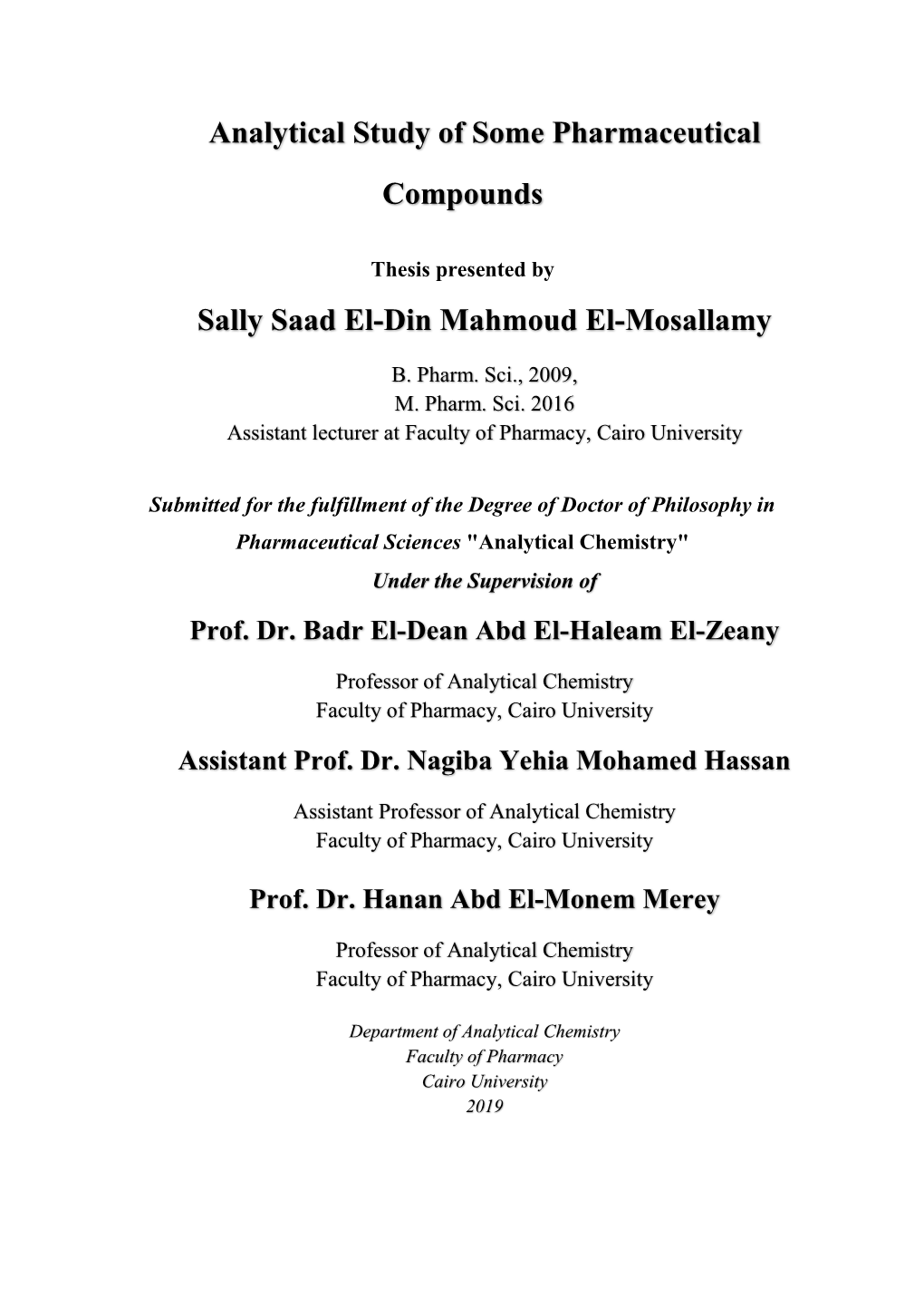 Analytical Study of Some Pharmaceutical Compounds Sally