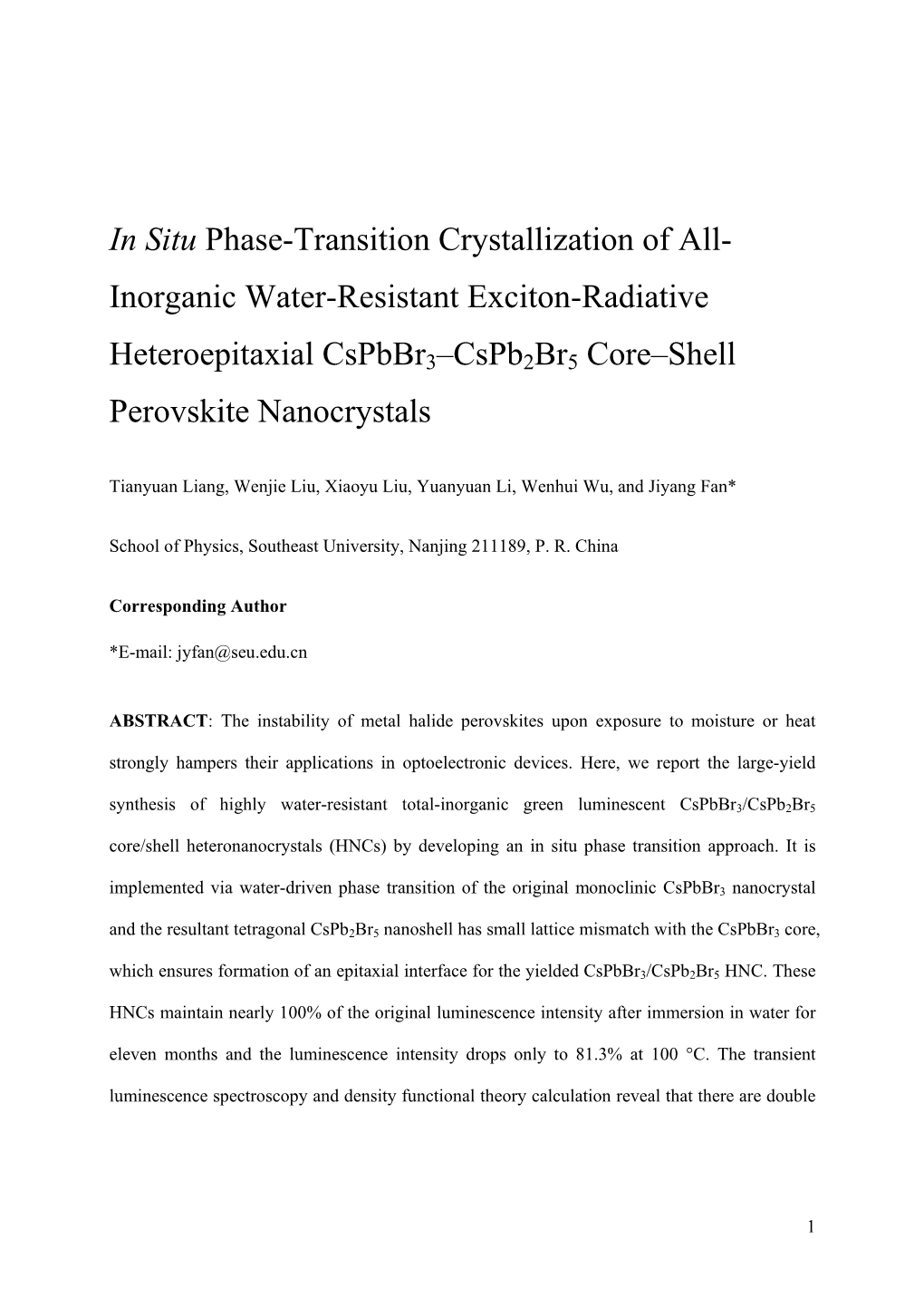 In Situ Phase-Transition Crystallization of All- Inorganic Water-Resistant Exciton-Radiative