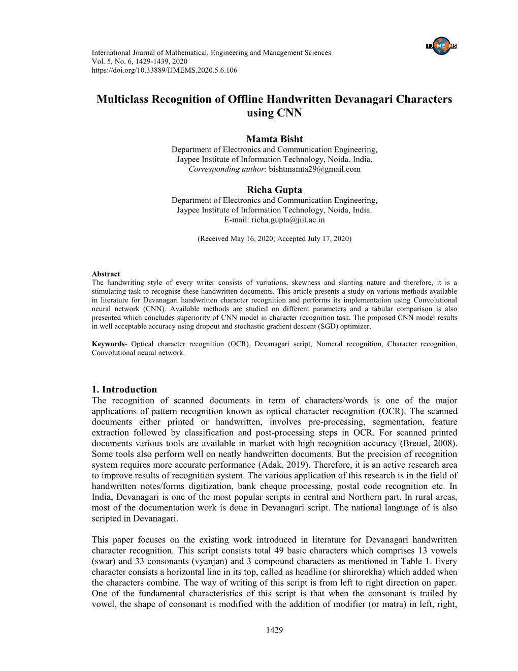 Multiclass Recognition of Offline Handwritten Devanagari Characters Using CNN