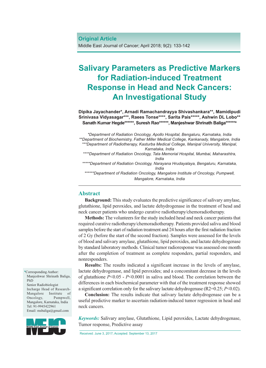 Salivary Parameters As Predictive Markers for Radiation-Induced Treatment Response in Head and Neck Cancers: an Investigational Study