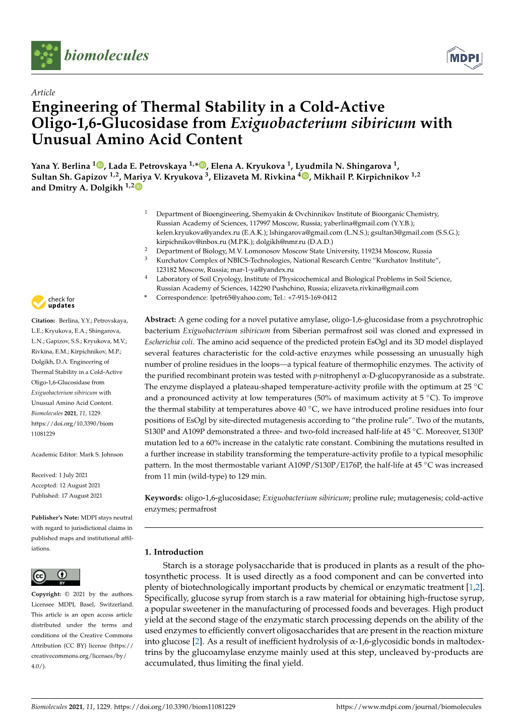 Engineering of Thermal Stability in a Cold-Active Oligo-1,6-Glucosidase from Exiguobacterium Sibiricum with Unusual Amino Acid Content