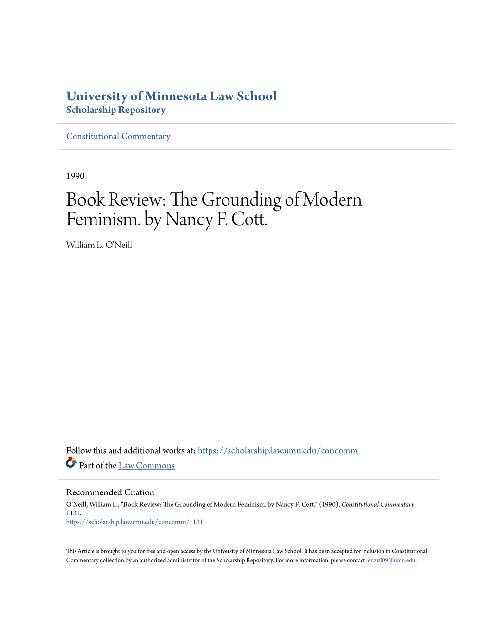 The Grounding of Modern Feminism. by Nancy F. Cott. William L