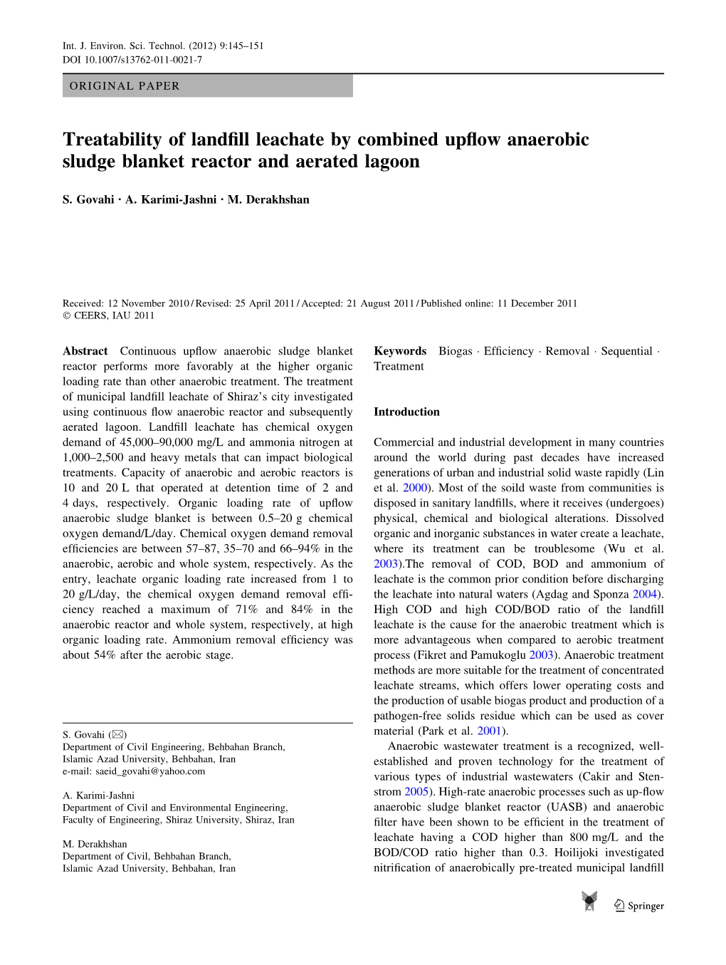 Treatability of Landfill Leachate by Combined Upflow Anaerobic Sludge