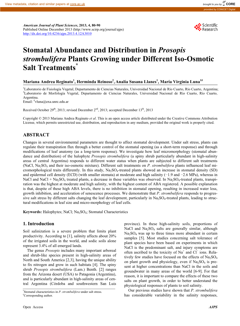 Stomatal Abundance and Distribution in Prosopis Strombulifera Plants Growing Under Different Iso-Osmotic Salt Treatments*