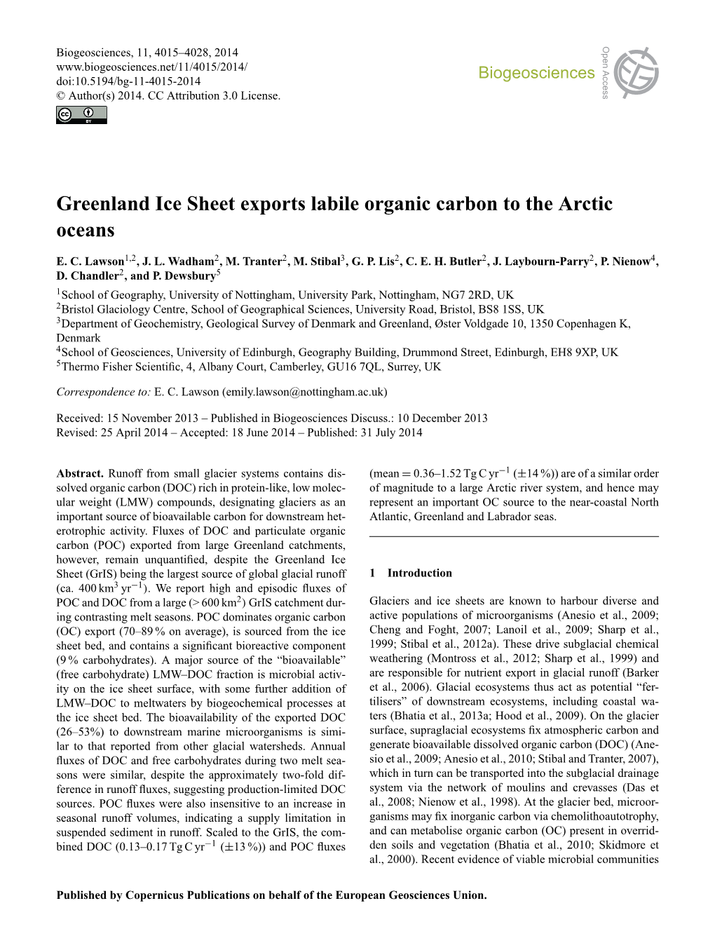 Greenland Ice Sheet Exports Labile Organic Carbon to the Arctic Oceans