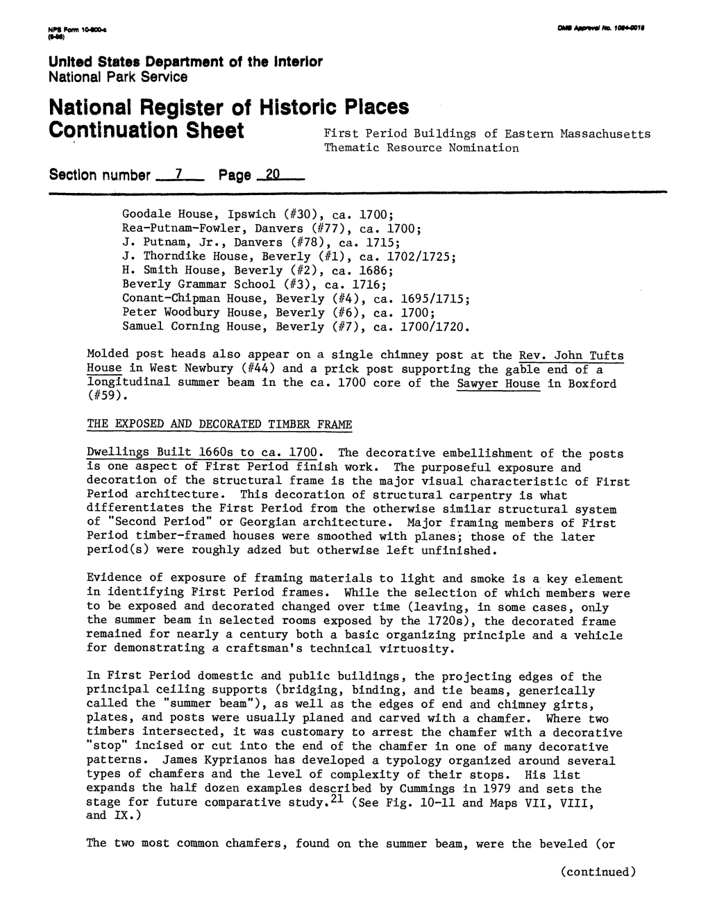 National Register of Historic Places Continuation Sheet First Period Buildings of Eastern Massachusetts Thematic Resource Nomination Section Number 7 Page 20