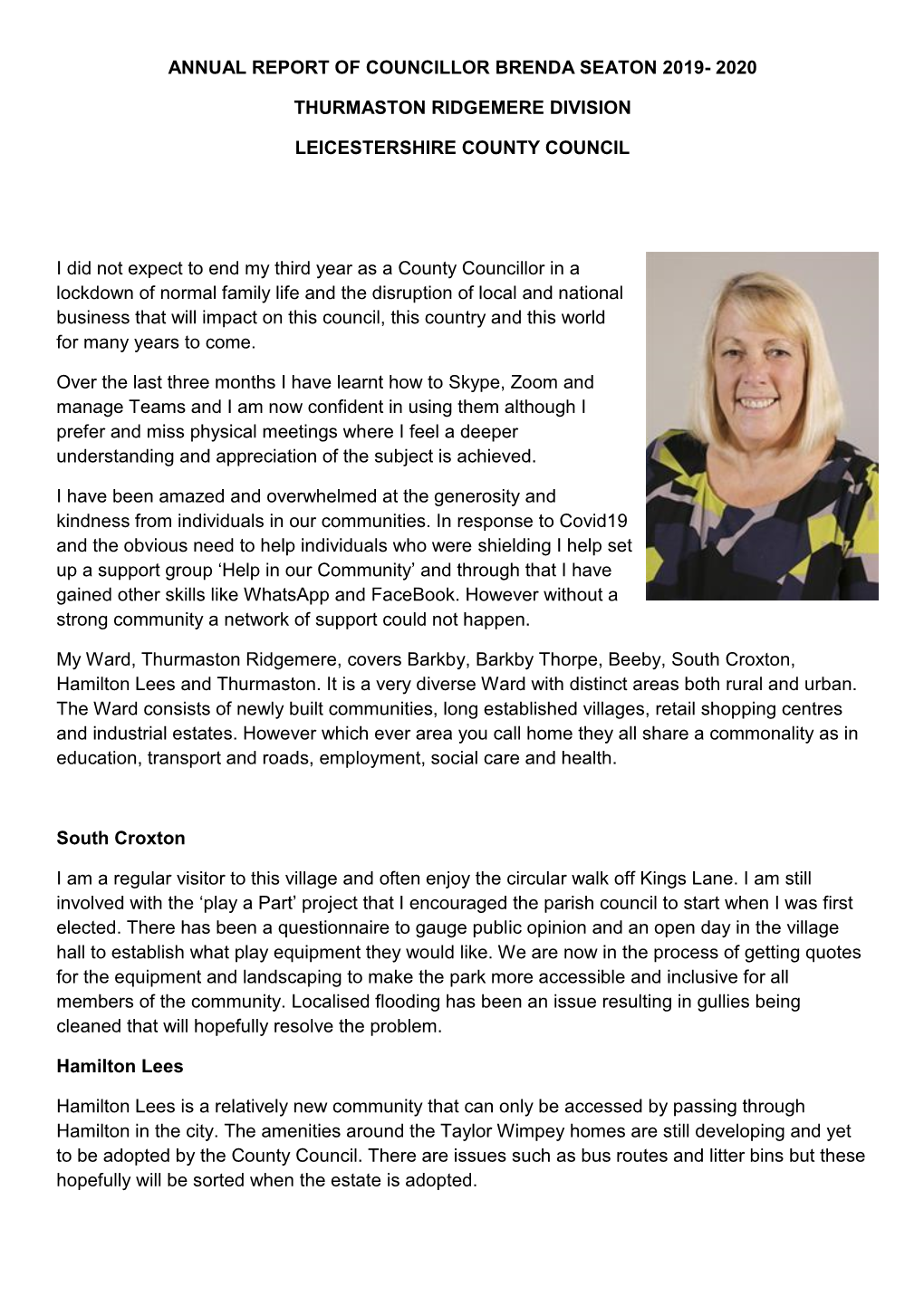 Annual Report of Councillor Brenda Seaton 2019- 2020