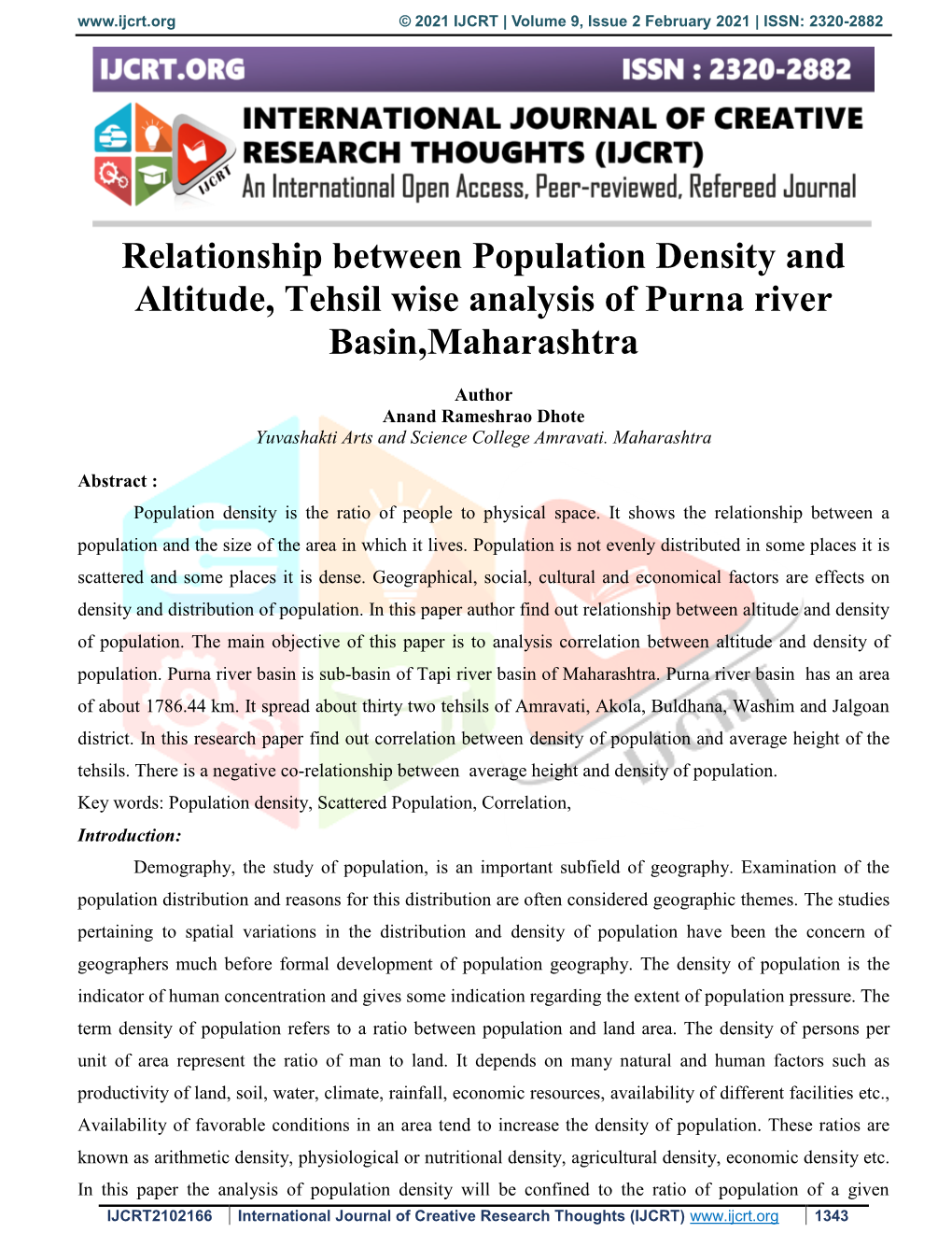 Relationship Between Population Density and Altitude, Tehsil Wise Analysis of Purna River Basin,Maharashtra