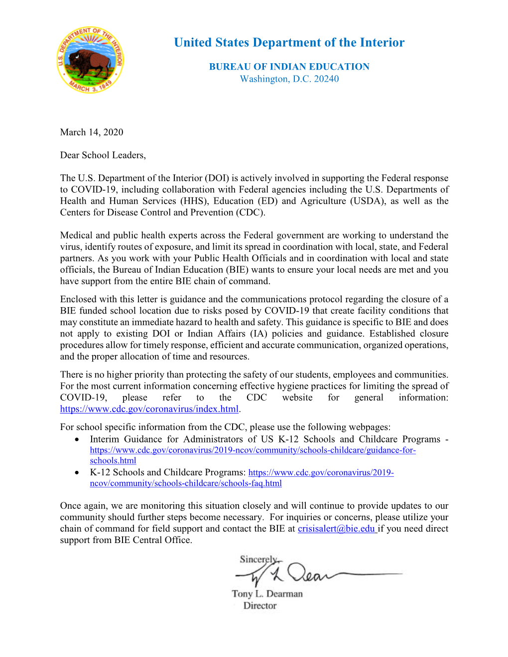 March 14 Dear School Leaders Letter