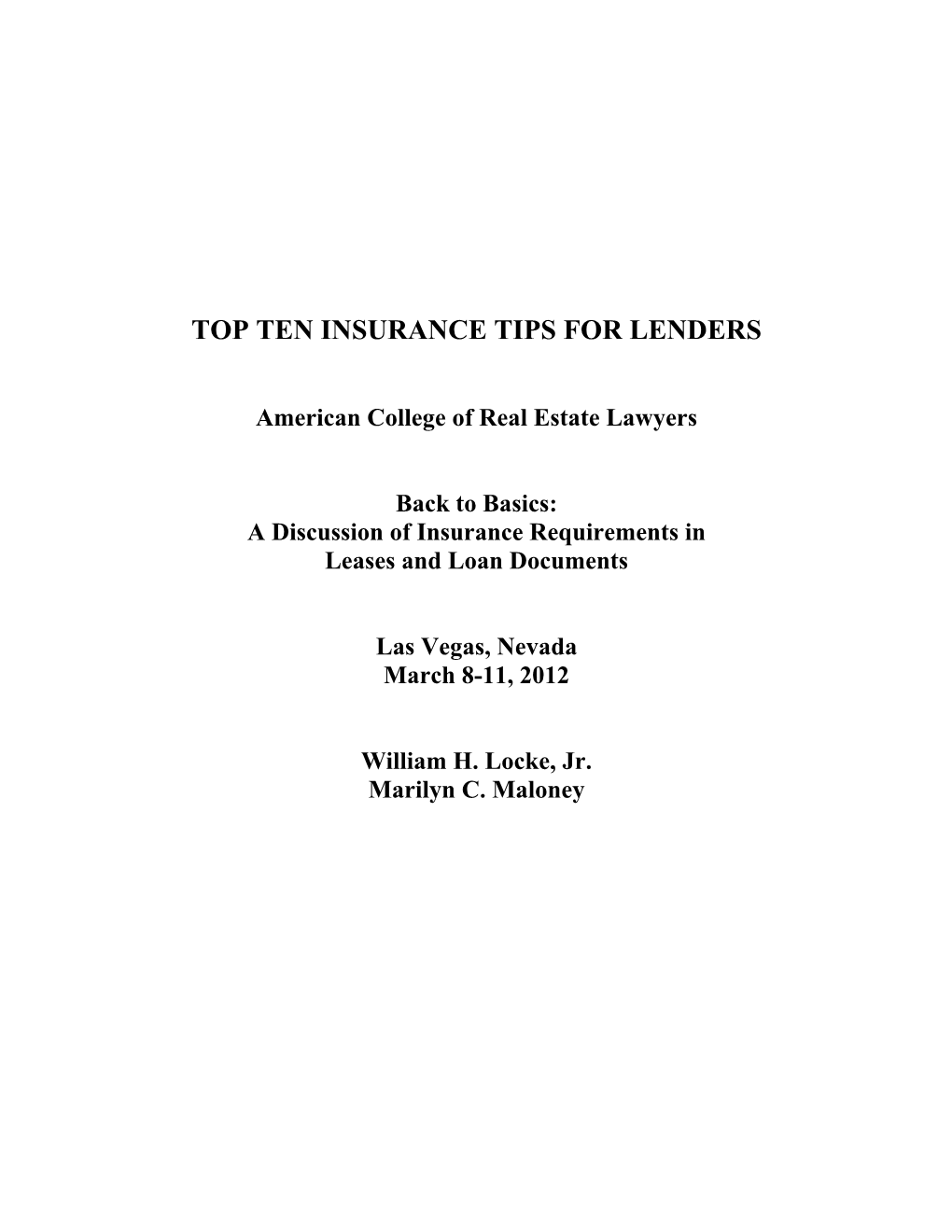 Top Ten Insurance Tips for Lenders