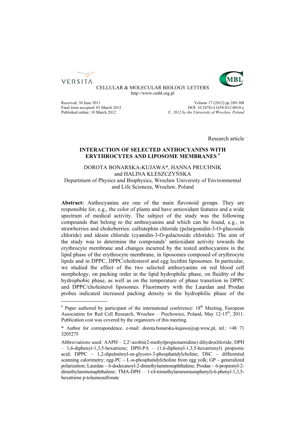 Research Article INTERACTION of SELECTED ANTHOCYANINS