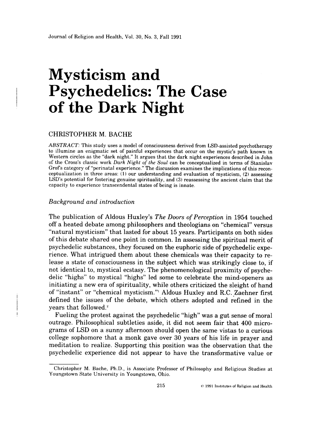 Mysticism & Psychedelics: the Case of the Dark Night