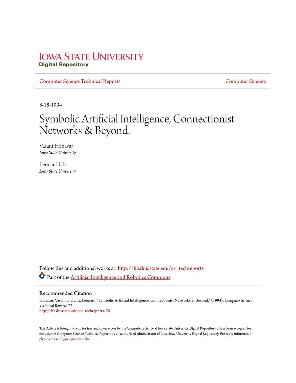 Symbolic Artificial Intelligence, Connectionist Networks & Beyond