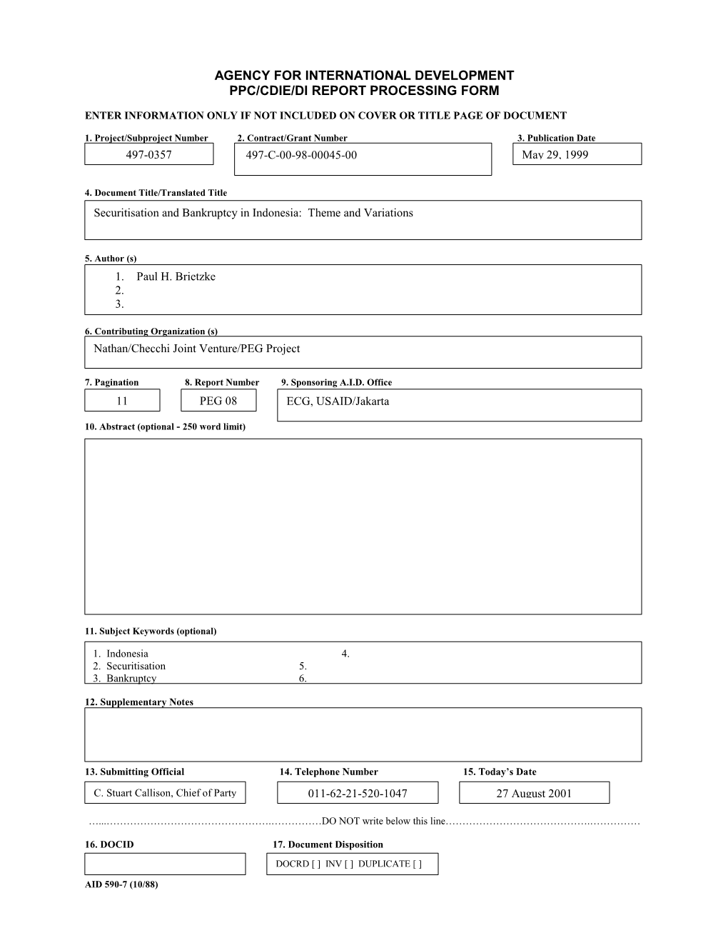 Agency for International Development Ppc/Cdie/Di Report Processing Form