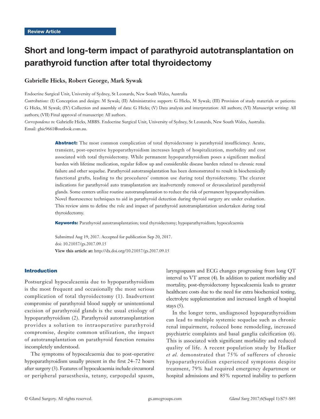 Short and Long-Term Impact of Parathyroid Autotransplantation on Parathyroid Function After Total Thyroidectomy