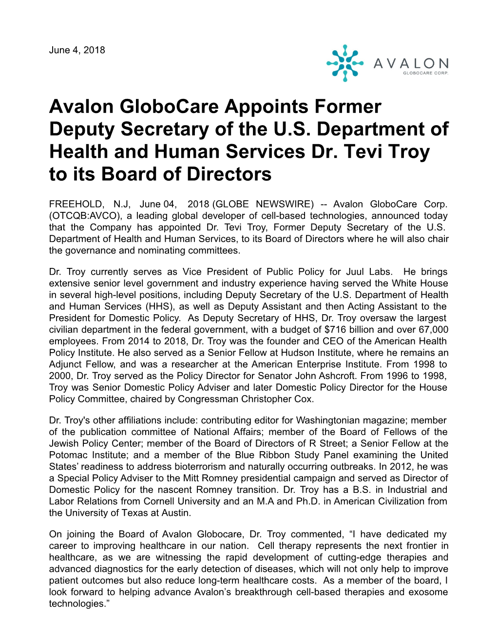 Avalon Globocare Appoints Former Deputy Secretary of the U.S