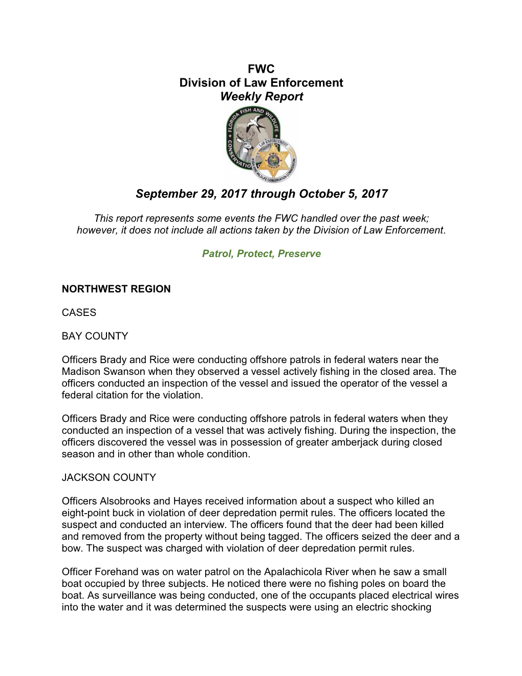 FWC Division of Law Enforcement Weekly Report September 29, 2017 Through October 5, 2017