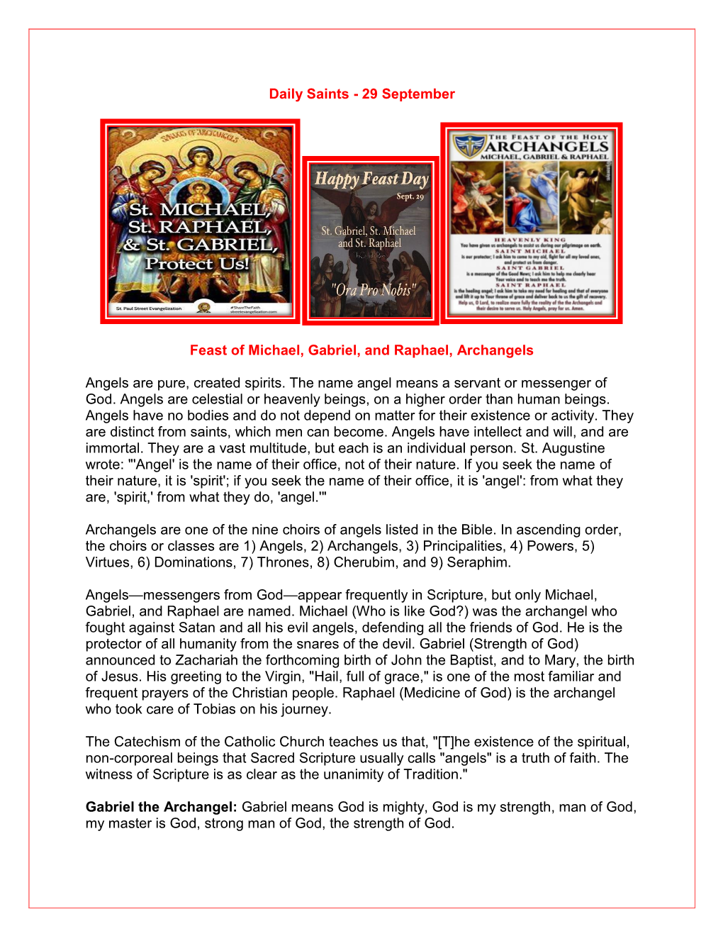 29 September Feast of Michael, Gabriel, and Raphael, Archangels