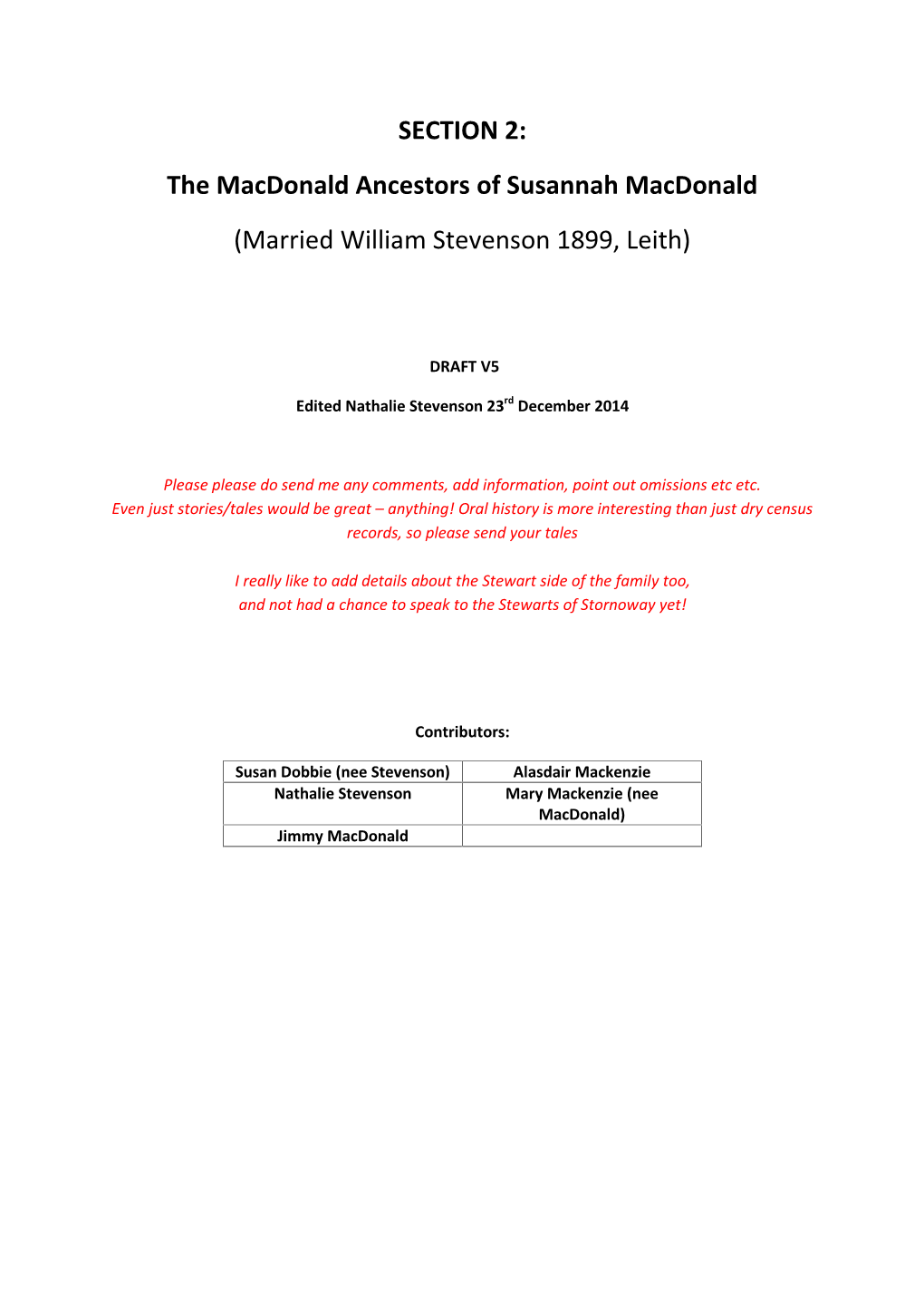 The Macdonald Ancestors of Susannah Macdonald (Married William Stevenson 1899, Leith)