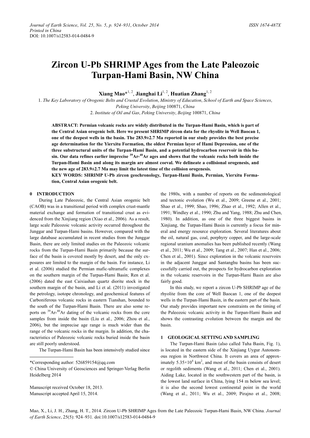 Zircon U-Pb SHRIMP Ages from the Late Paleozoic Turpan-Hami Basin, NW China