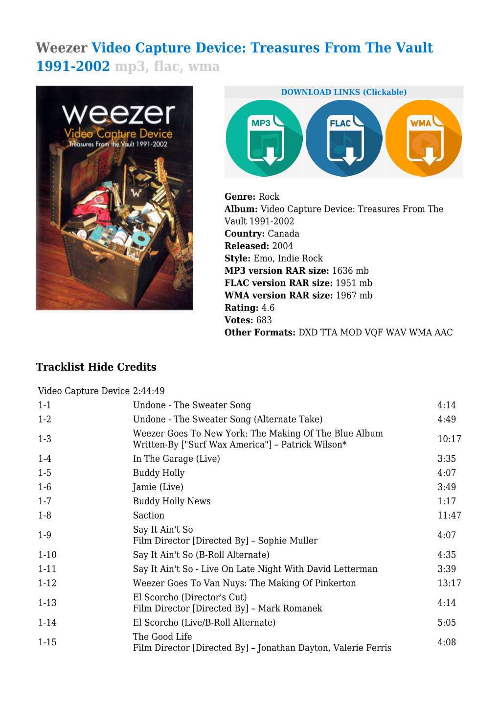 Weezer Video Capture Device: Treasures from the Vault 1991-2002 Mp3, Flac, Wma