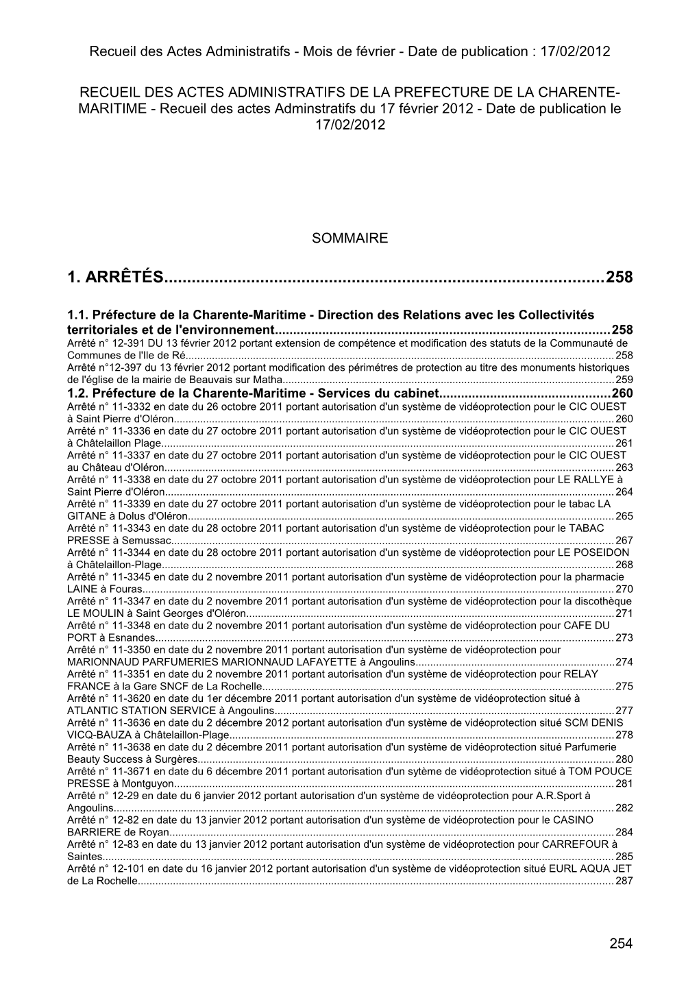 Recueil Des Actes Administratifs - Mois De Février - Date De Publication : 17/02/2012