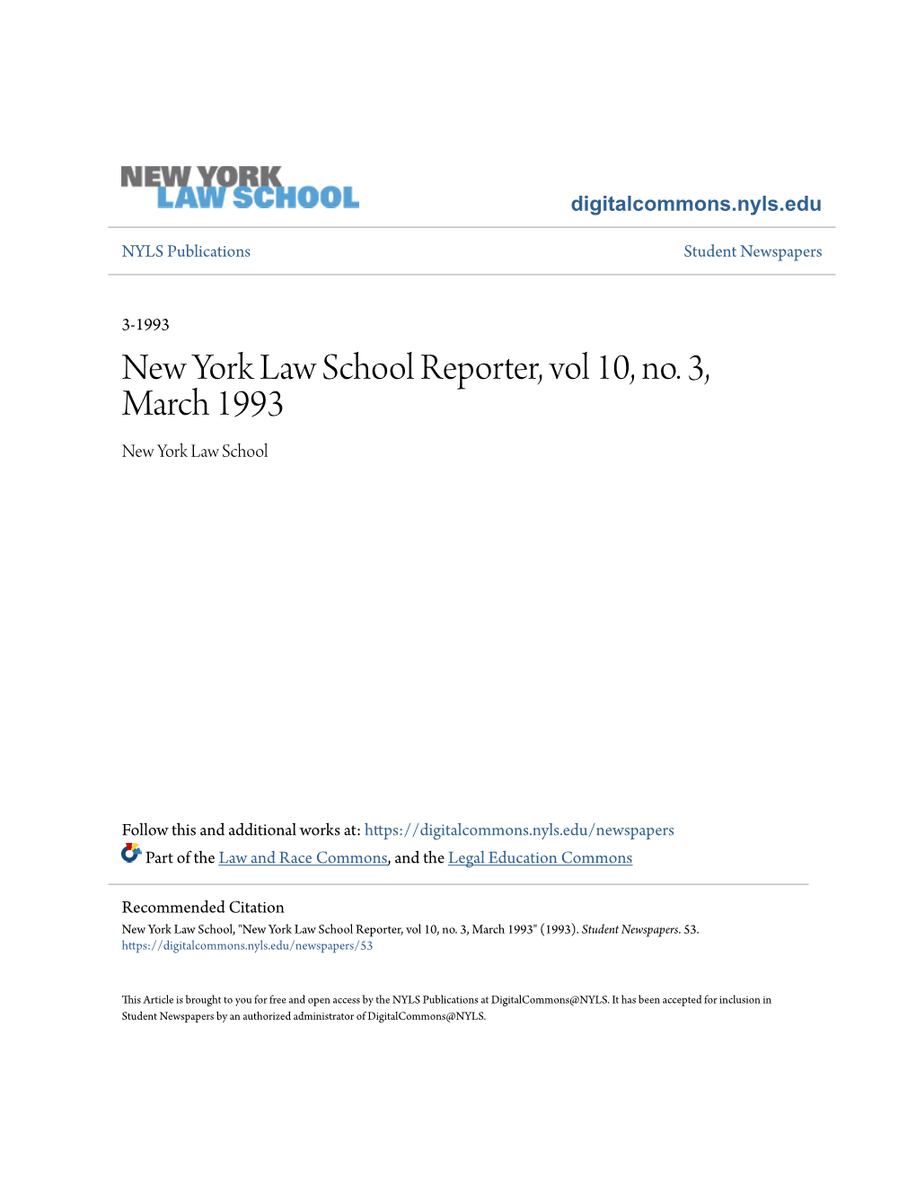 New York Law School Reporter, Vol 10, No. 3, March 1993 New York Law School