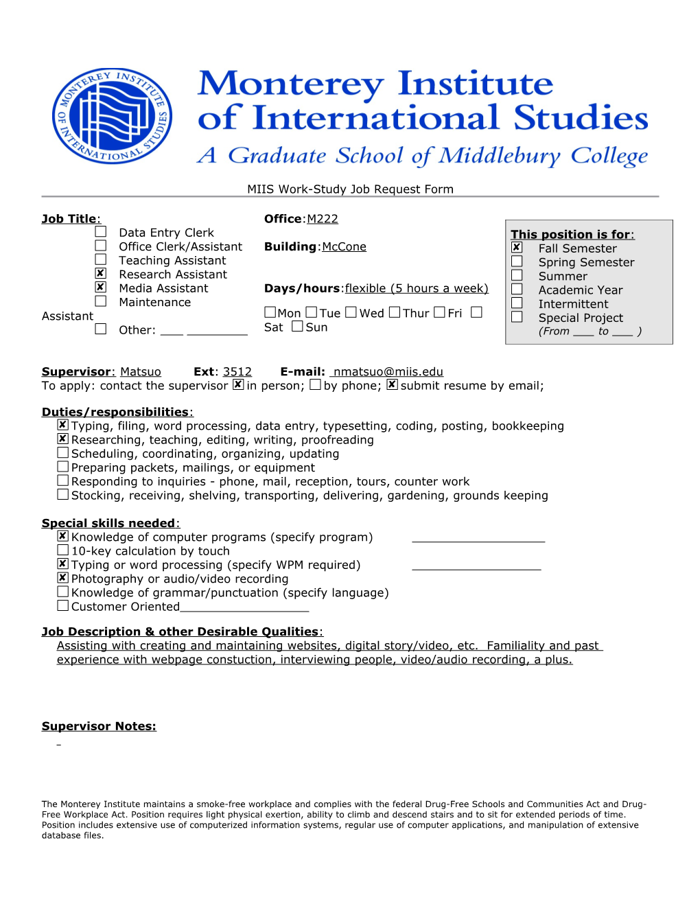 MIIS Work-Study Job Request Form