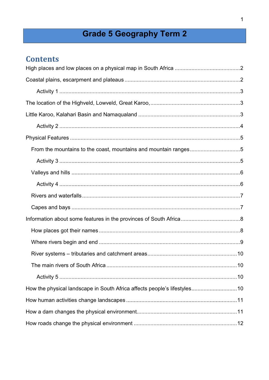 Grade 5 Geography Term 2 Contents