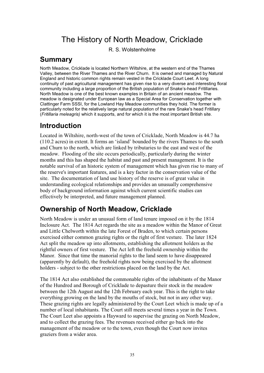 The History of North Meadow, Cricklade R