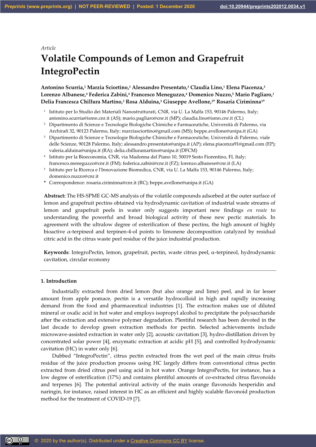 Volatile Compounds of Lemon and Grapefruit Integropectin