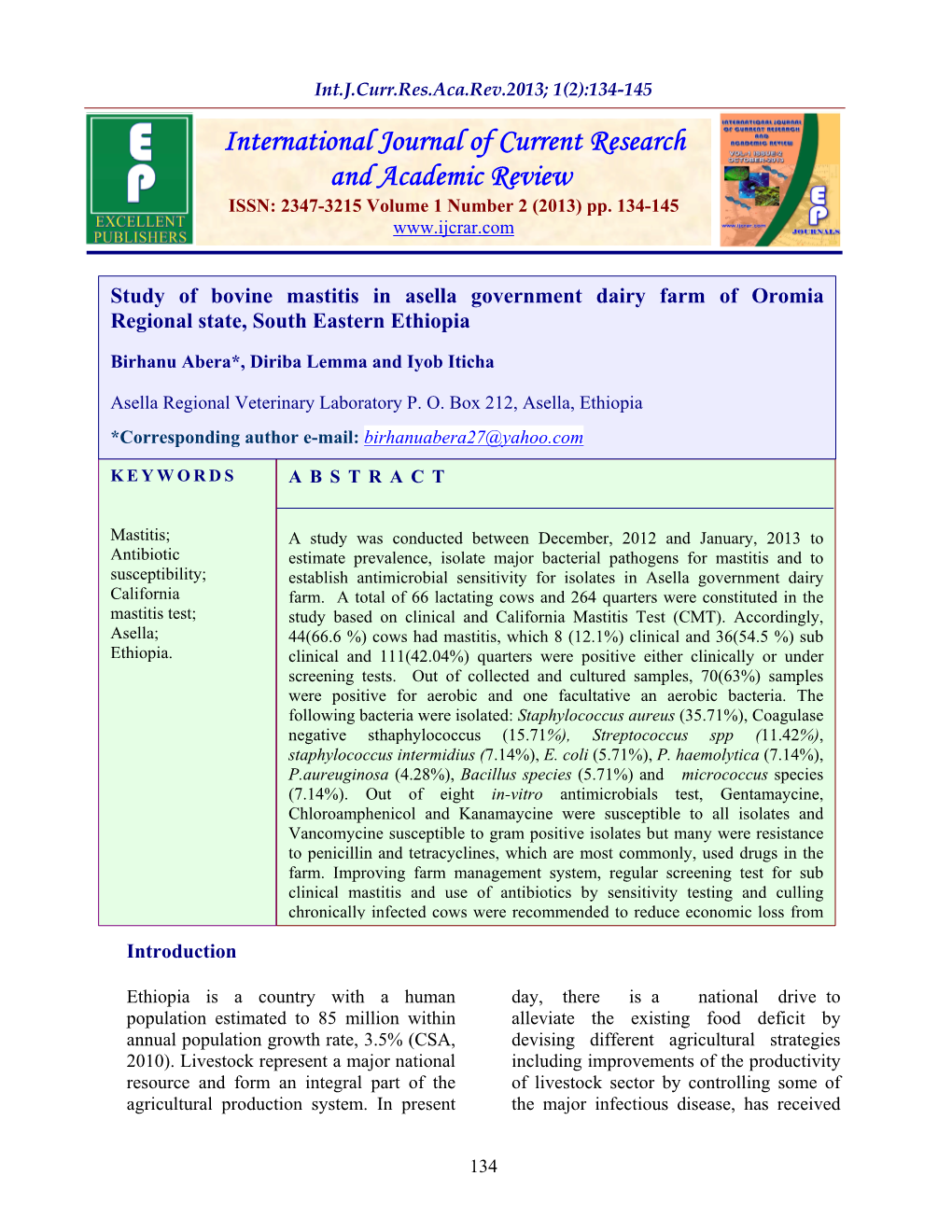 Study of Bovine Mastitis in Asella Government Dairy Farm of Oromia Regional State, South Eastern Ethiopia