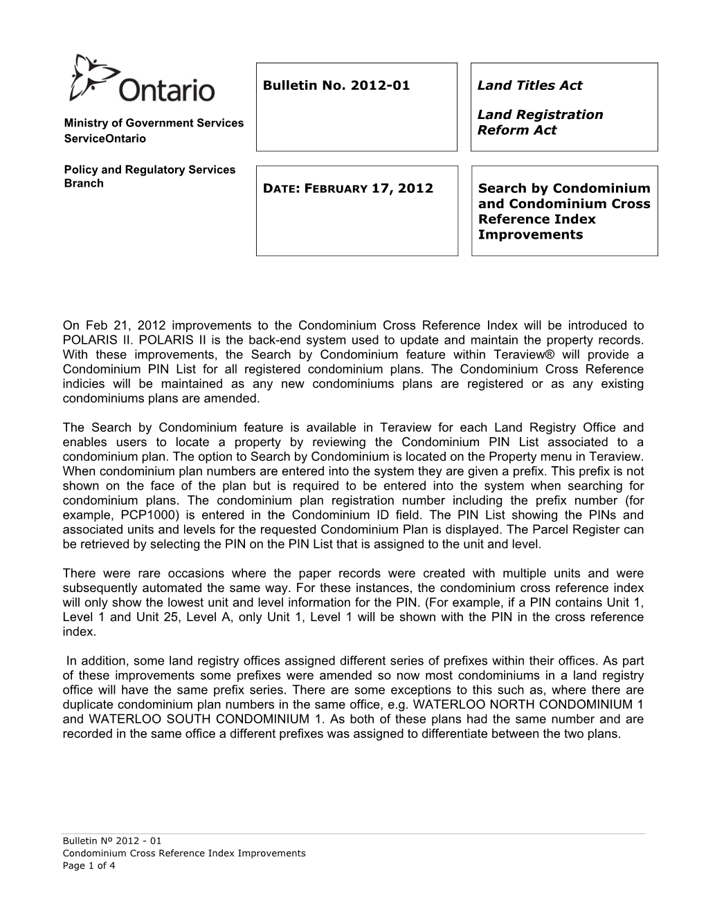 Bulletin No. 2012-01 Land Titles Act Land Registration Reform Act