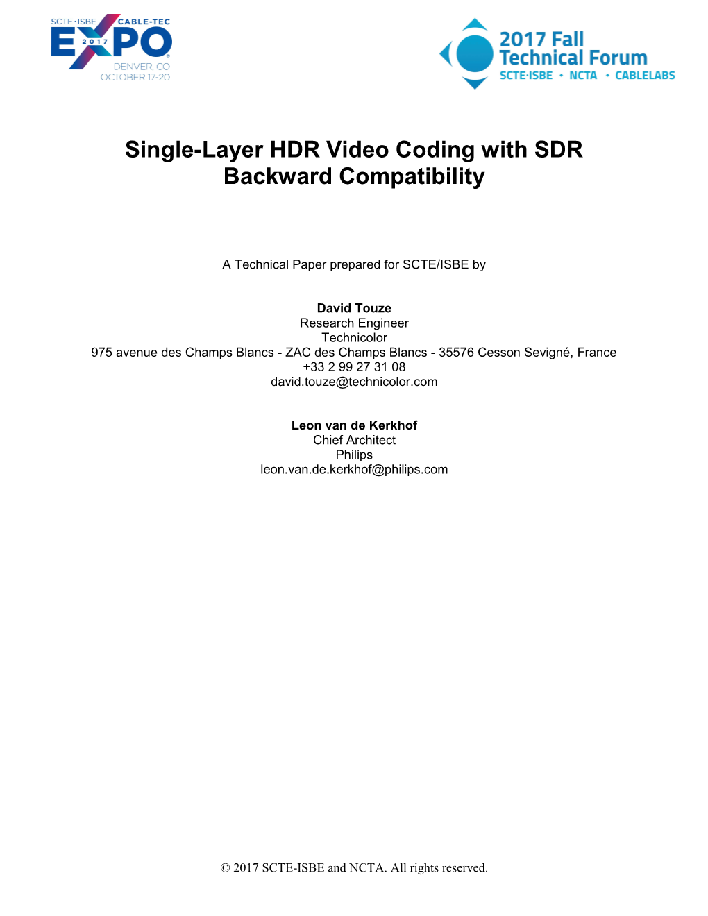 Single-Layer HDR Video Coding with SDR Backward Compatibility