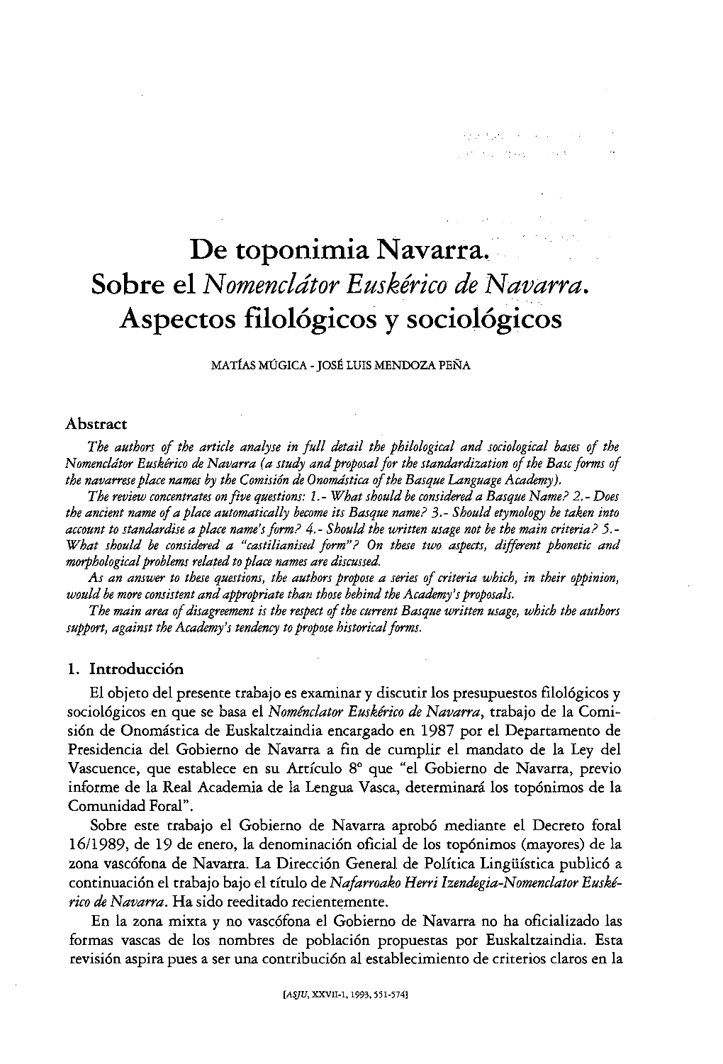 De Toponimia Navarra. Sobre El Nomencldtor Euskerico De Navarra