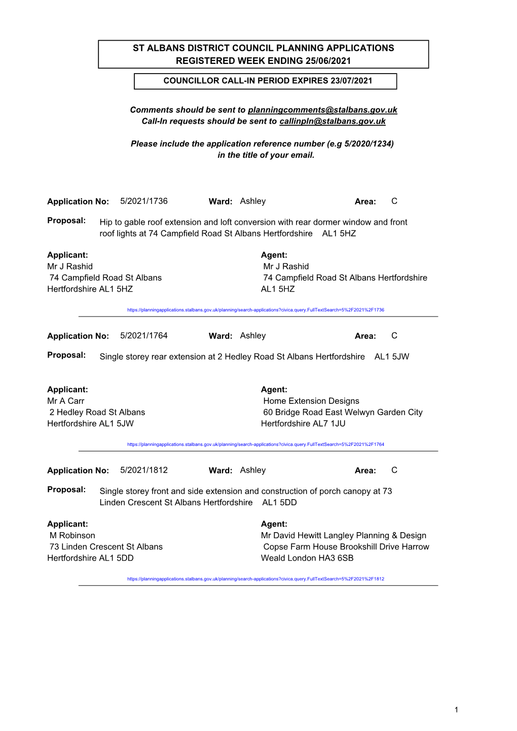 St Albans District Council Planning Applications Registered Week Ending 25/06/2021