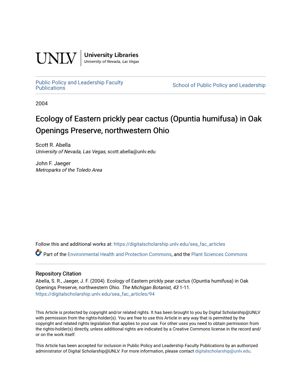 Ecology of Eastern Prickly Pear Cactus (Opuntia Humifusa) in Oak Openings Preserve, Northwestern Ohio