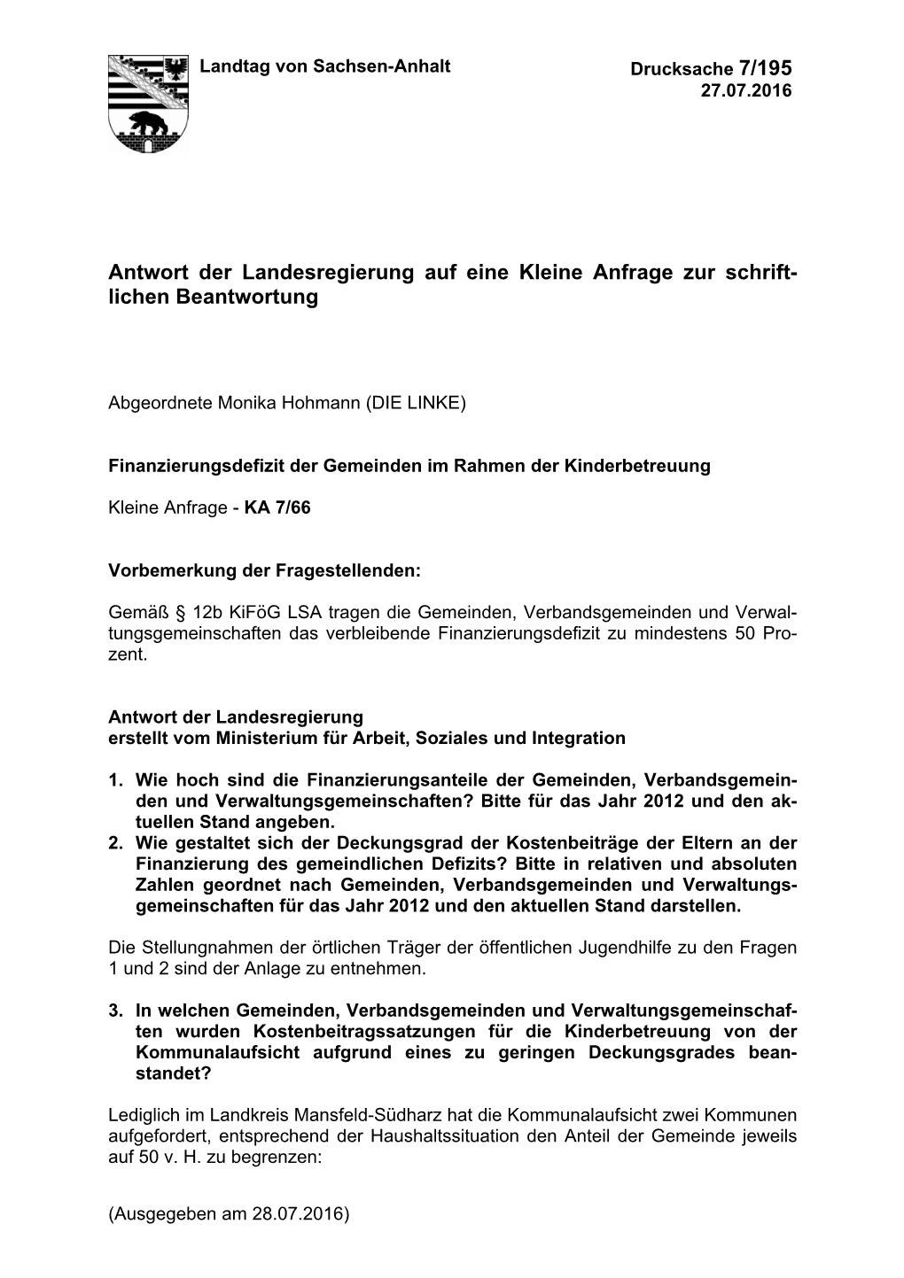 (PDF, 116Kb) Finanzierungsdefizit Der Gemeinden Im Rahmen Der Kinderbetreuung