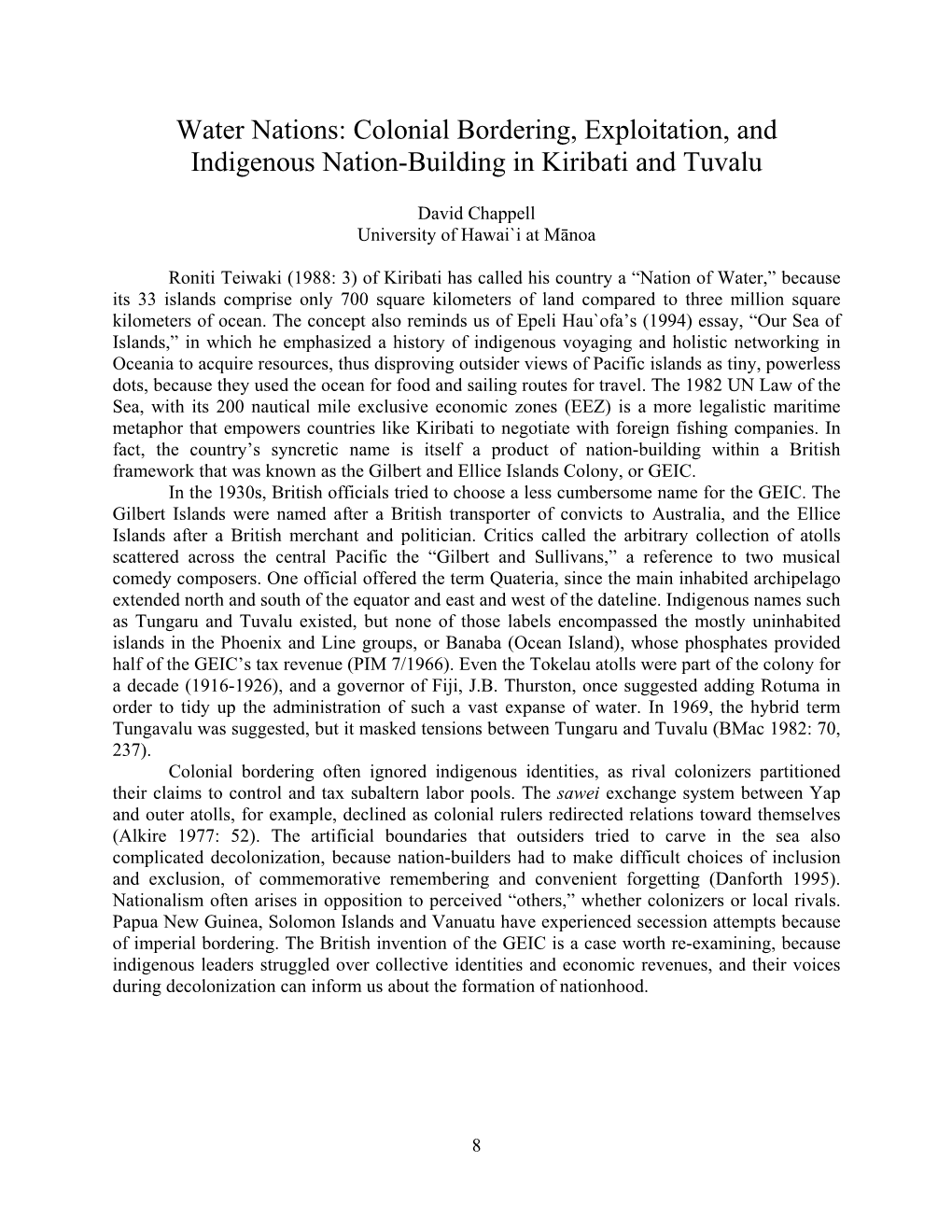 Water Nations: Colonial Bordering, Exploitation, and Indigenous Nation-Building in Kiribati and Tuvalu