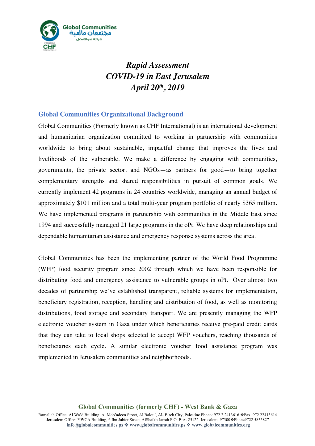 Rapid Assessment COVID-19 in East Jerusalem April 20Th, 2019