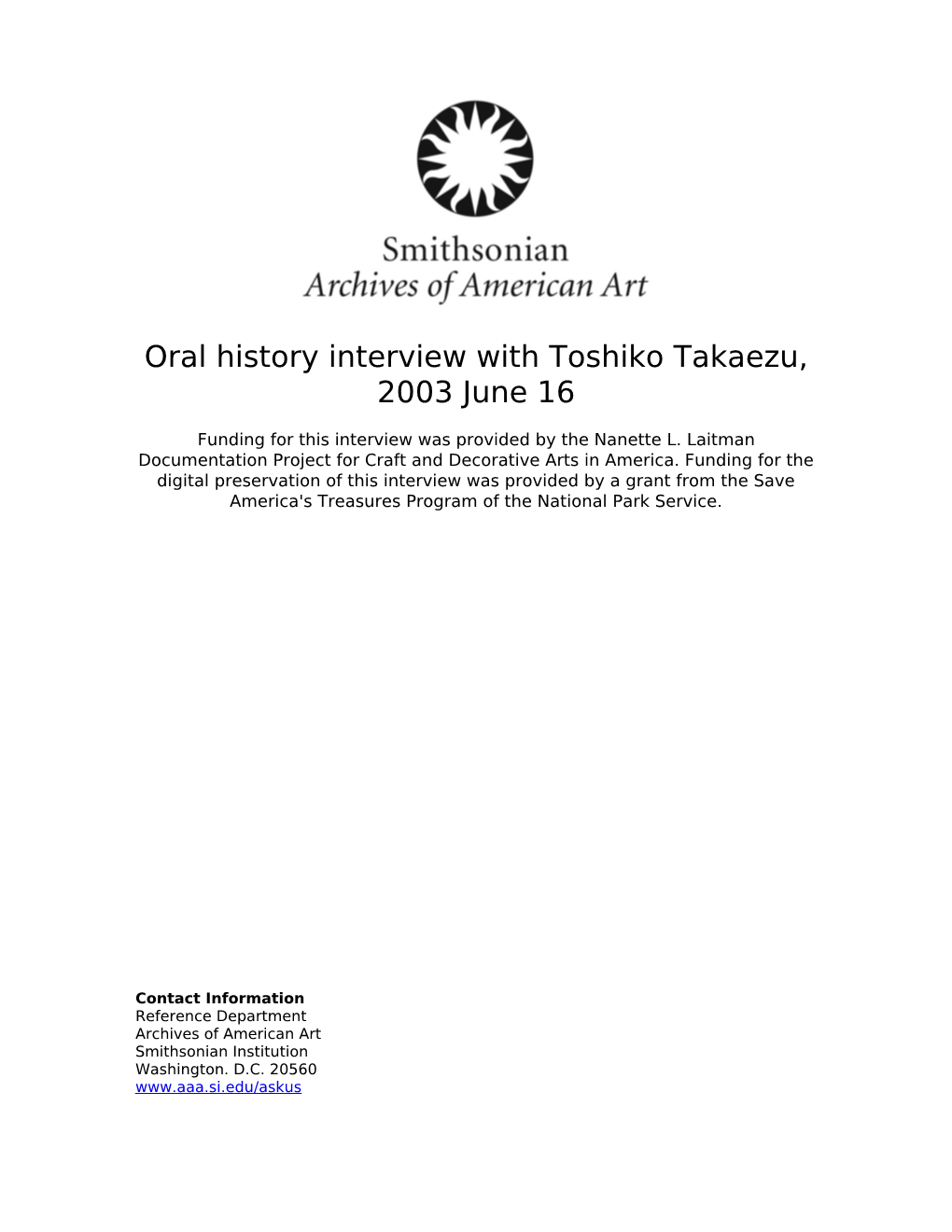 Oral History Interview with Toshiko Takaezu, 2003 June 16