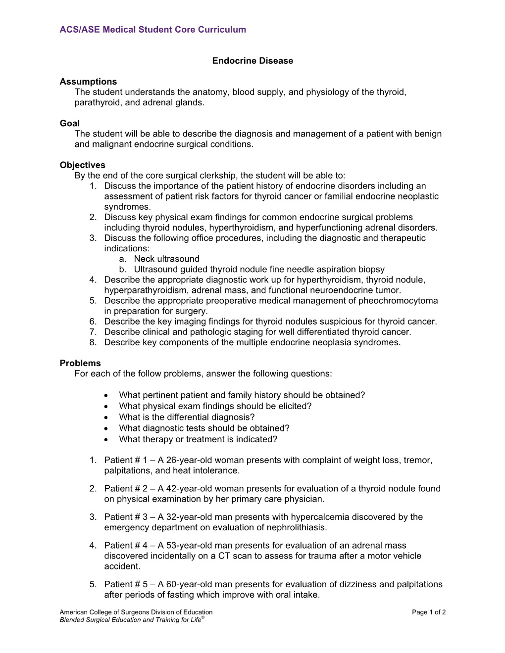 ACS/ASE Medical Student Core Curriculum Endocrine Disease Assumptions the Student Understands the Anatomy, Blood Supply, and P