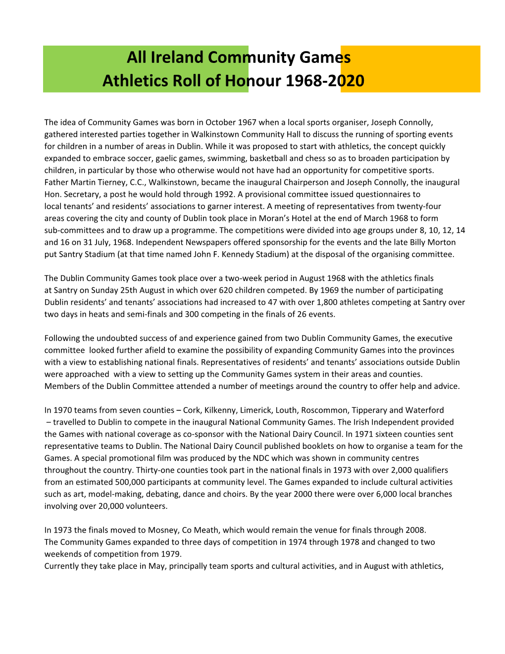All Ireland Community Games Athletics Roll of Honour 1968-2020